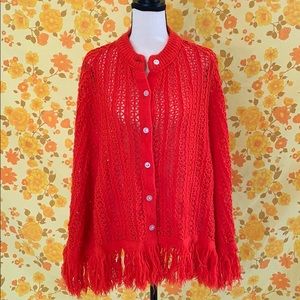 Beautiful Red Vintage Crochet Pocket Button Poncho